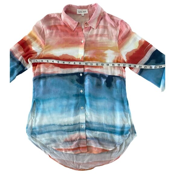 Bella Dahl Satin Side Slit Button Down Shirt Horizon Sunset Print Size XS $150 - Picture 7 of 14
